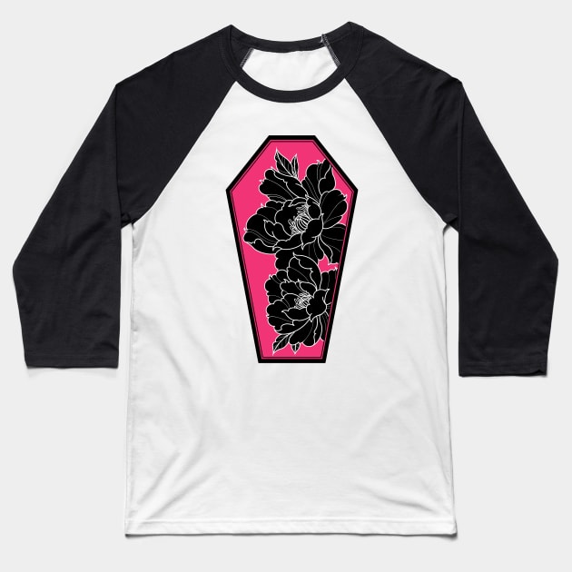 Coffin Peonies Black and Pink Baseball T-Shirt by Mertalou